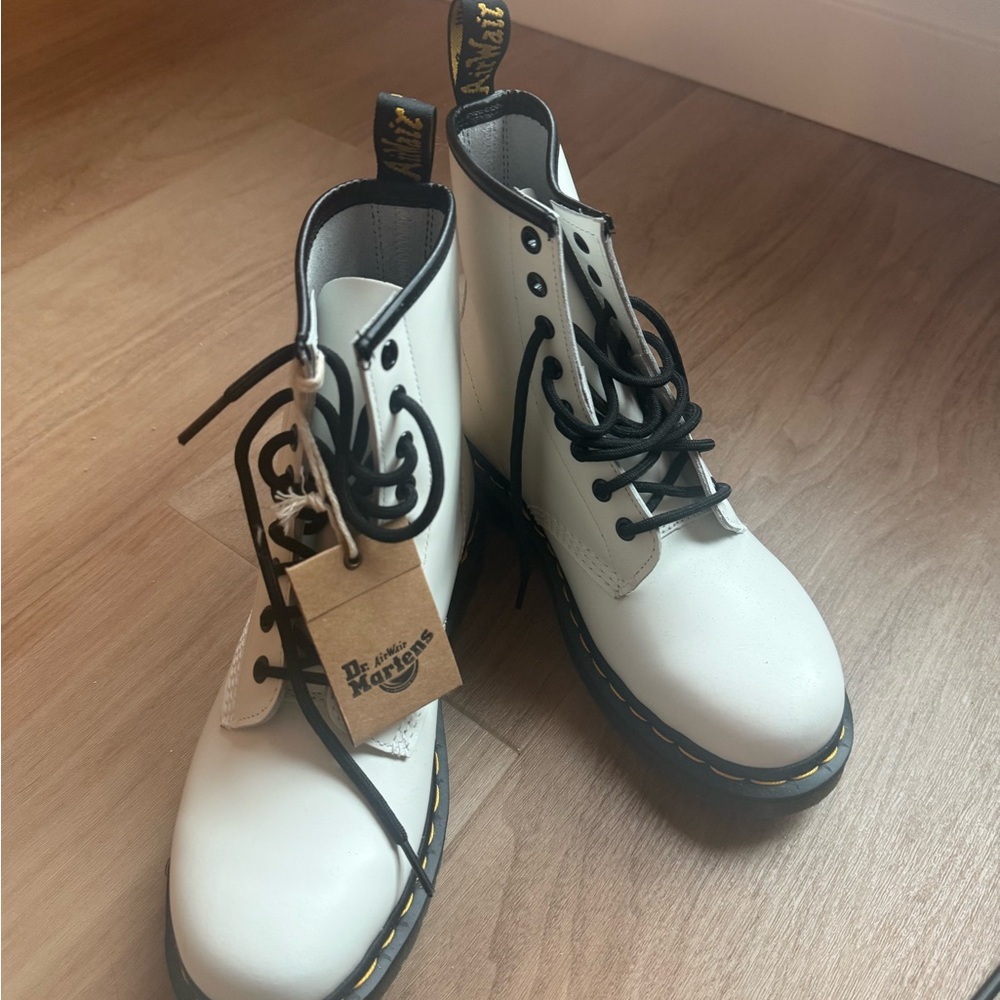 Dr. Martens White Leather 8-Eye Lace-Up Boots with Black Laces